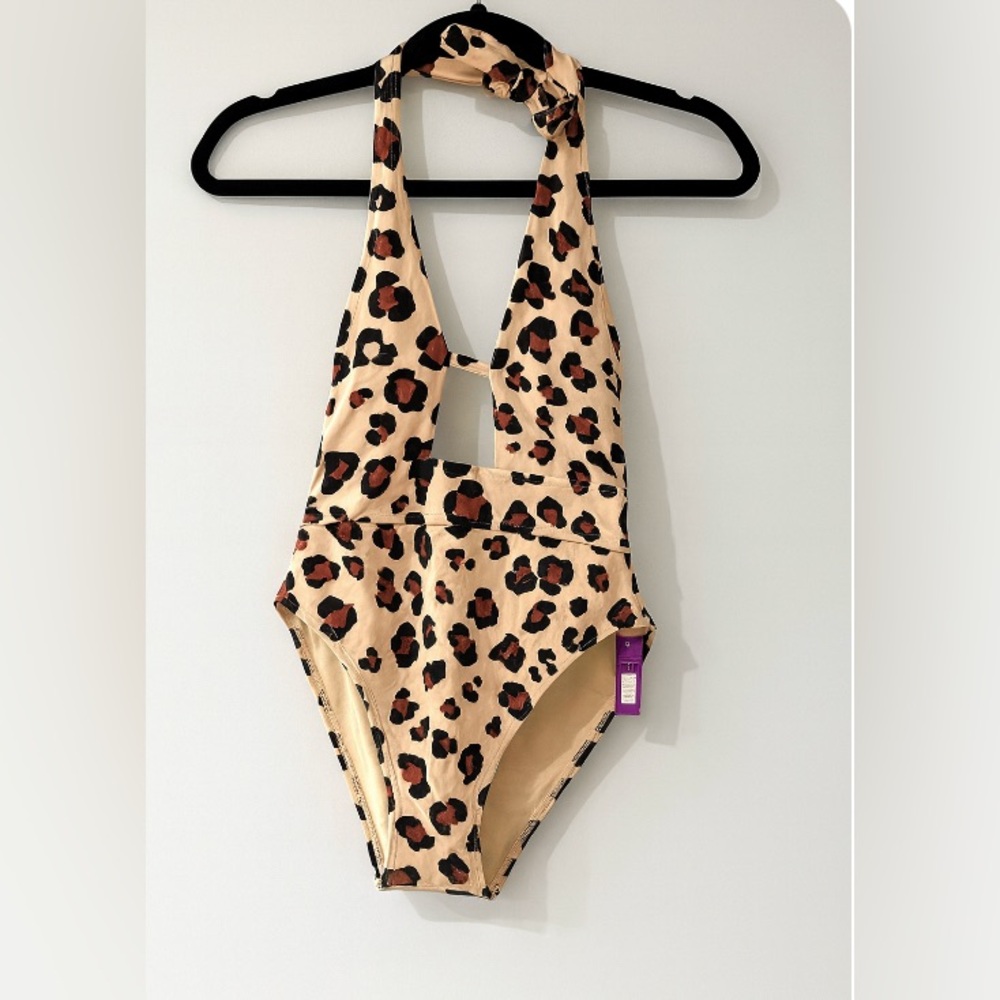 Adore Me Swimsuit One Piece XS Tie Neck Peach Leopard Adjustable Back Beach NWT